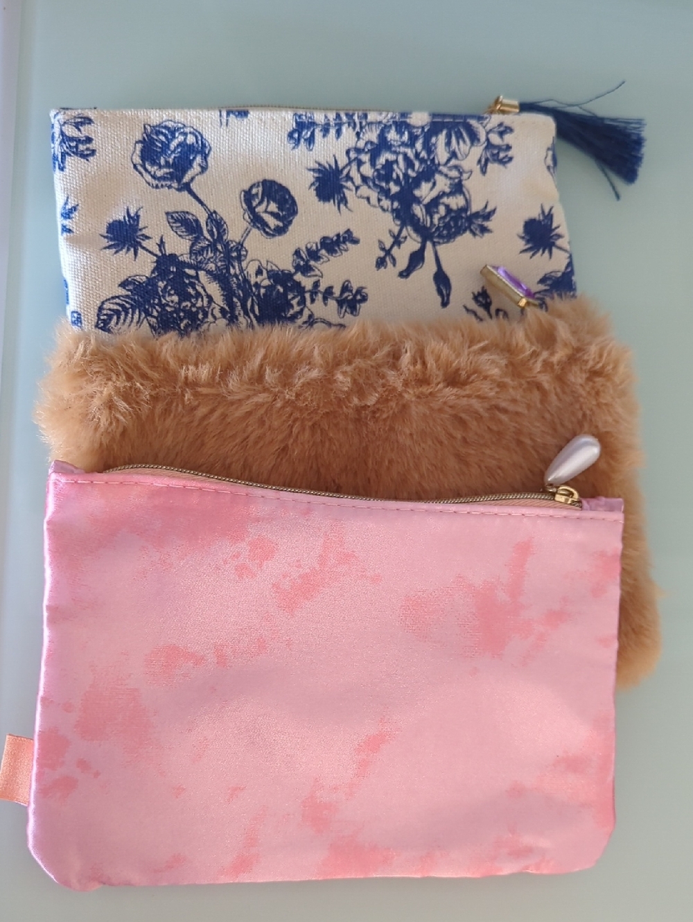 Trio of Small Zipper Pouches - Faux Fur, Pink, Blue Floral Unused Ipsy Bags
